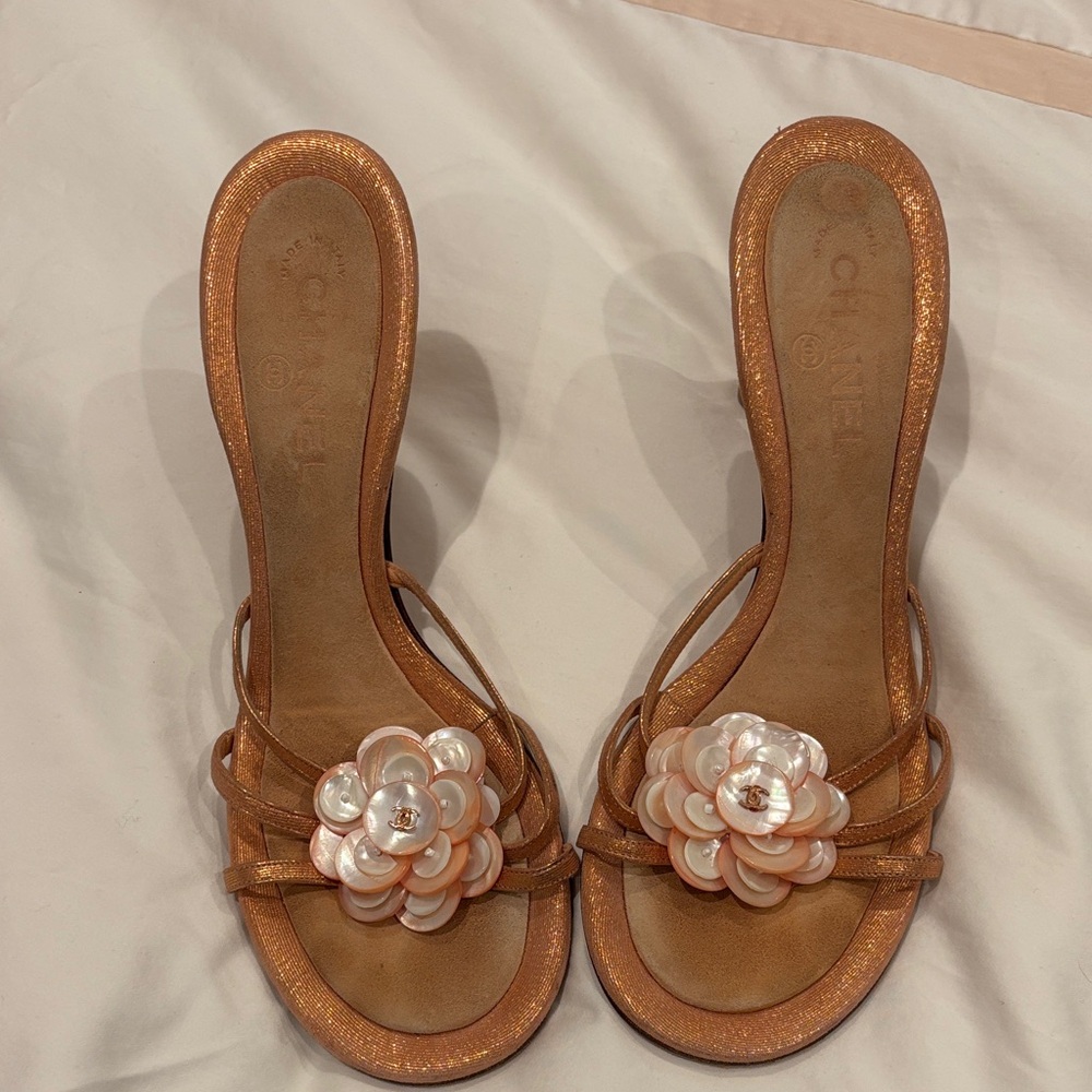 CHANEL Women's Brown Heels with Pearl Floral Detail